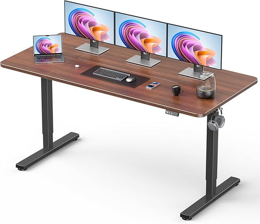 Standing Desk, Large Height Adjustable Electric Stand up Desk, 63 x 24 Inches Sit Stand Home Office Desk, with Splice Board, Black Frame/Walnut Top