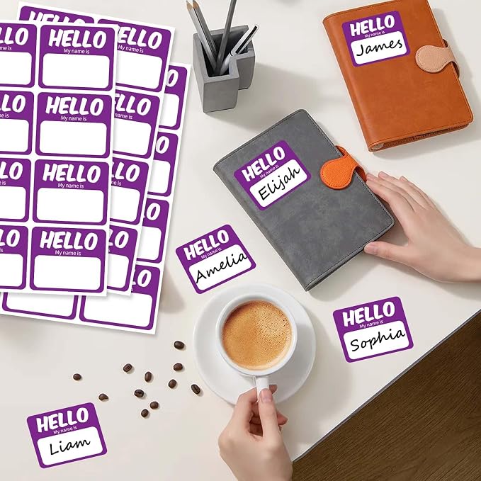 256 Pcs Name Tags Sticker 3"x2.5" Hello My Name is Stickers, Purple Name Labels Adhesive Identification Name Badges for School, Office, Meeting, Family Parties, Mailing