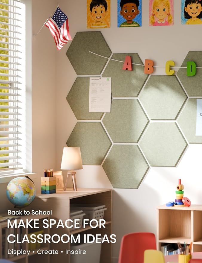 Fluxynara 12-Pack Hexagon Felt Bulletin Board Tiles, Sage | Cork Board Alternative with 60 Adhesive Tabs for Notes, Photos and Reminders in Home Offices, Dorm and Classrooms