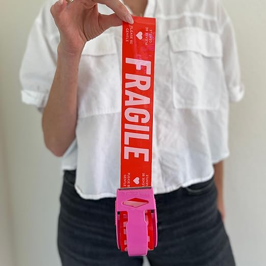 Fragile Packing Tape with Pink Dispenser – Please Be Gentle Red & Pink Design, 1.88" x 22.2 Yards – Packaging Tape for Moving Boxes, Small Business, and Mailers