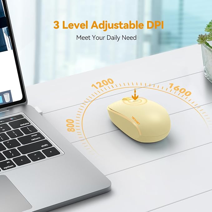 TECKNET Compact Ambidextrous Wireless Mouse for Laptop Yellow | 2.4G Quiet Computer Mouse with USB Receiver, 3 Adjustable DPI Portable Cordless Mice for Chromebook, Laptop, PC, Mac