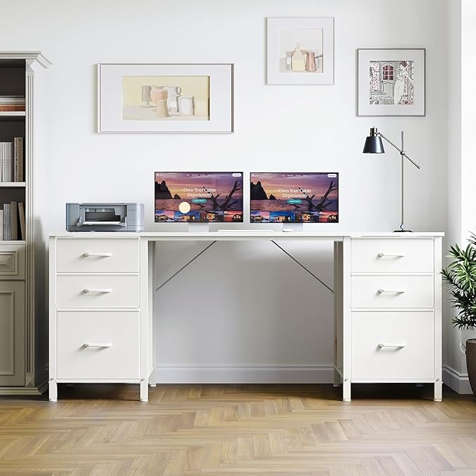 Casaottima 63 Inches Computer Desk with 6 Fabric Drawers, Modern Office Desk with Large Storage for Home Office, Study, White