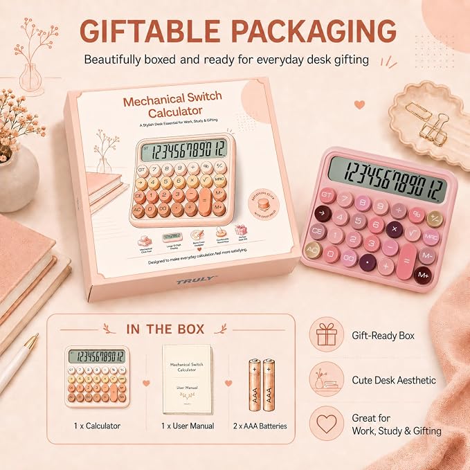 TRULY Mechanical Switch Calculator, Rose Pink Cute Retro 12-Digit Desktop Calculator with Satisfying Clicky Keys, Large Angled Display, Big Round Buttons for Office, School, Home & Gifting