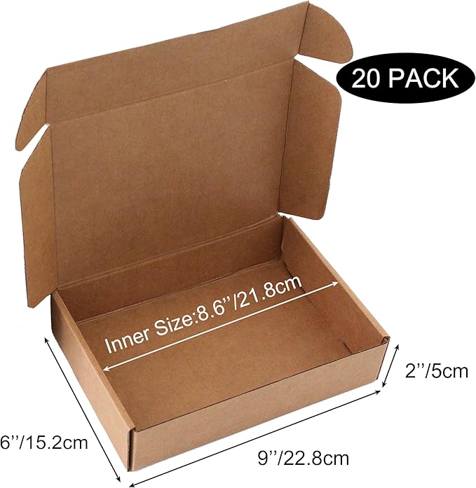 9x6x2 inch Shipping Boxes 20-Pack, Brown Corrugated Cardboard Boxes for Shipping, Mailing & Packaging Gifts, Books, DIY Crafts, Ecommerce & Small Business