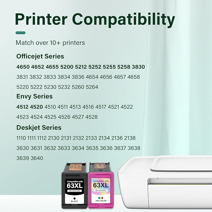 63 63XL 4520 3830 Ink Cartridges for HP Printers Black and Color Combo Pack | Replacement for HP63XLBlack 63 XL for HP Envy 4520 OfficeJet 3830 4650 5255 5258 5220 4655 DeskJet 1112 3630 Printer 2-Pack