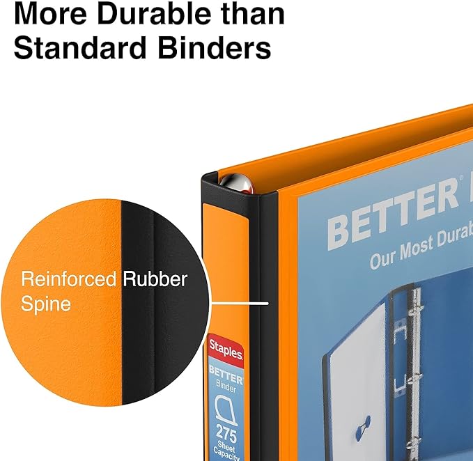 Staples Better Binder 1‑Inch D‑Ring 3‑Ring View Binder, Durable High‑Quality Binder for Office & School Organization, Orange