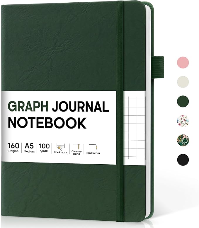 Taja Graph Journal Notebook for Women & Men, Hardcover Leather Journal for Writing, A5 Graph Paper Notebook for Planning & Tracking, Perfect for Office School Home Supplies, Dark Green