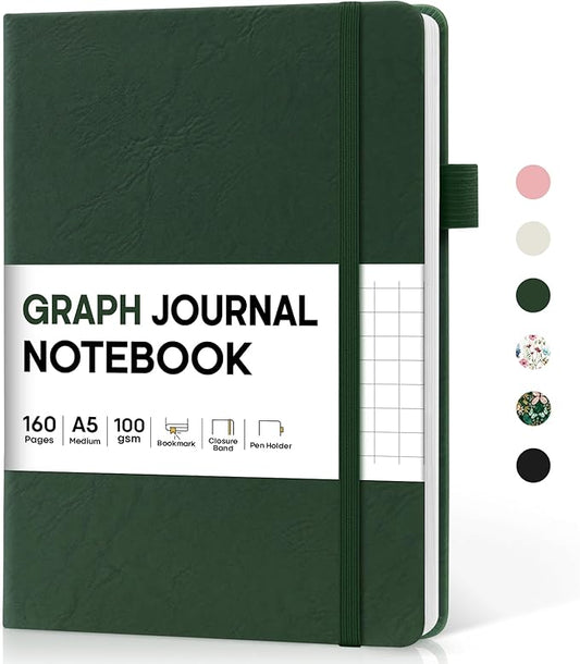 Taja Graph Journal Notebook for Women & Men, Hardcover Leather Journal for Writing, A5 Graph Paper Notebook for Planning & Tracking, Perfect for Office School Home Supplies, Dark Green