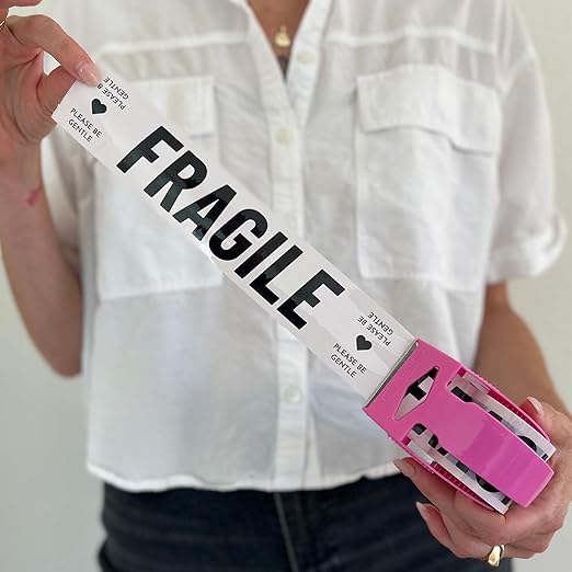 Fragile Packing Tape with Pink Dispenser – Please Be Gentle Minimal Cream & Black Design, 1.88" x 22.2 Yards – Packaging Tape for Moving Boxes, Small Business, and Mailers