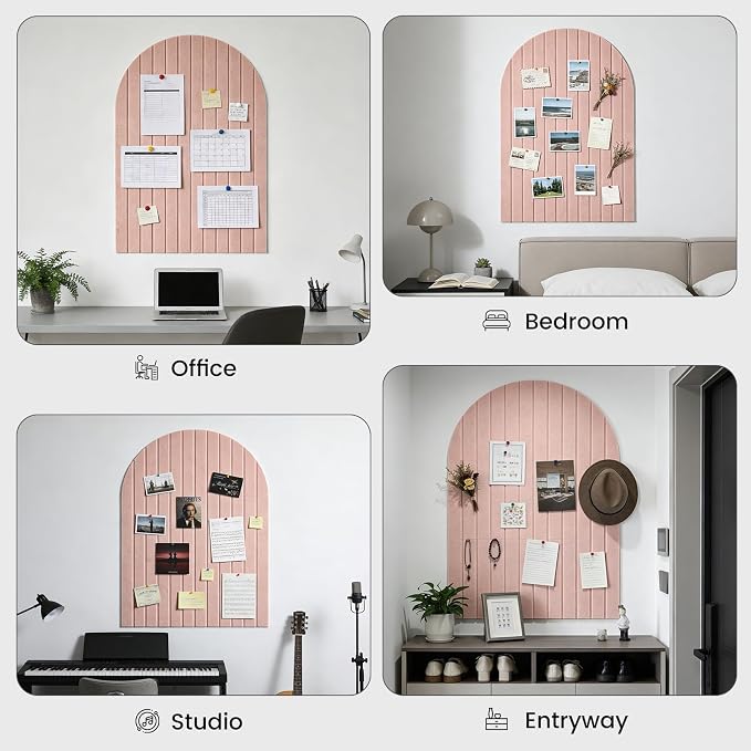 Arched Felt Bulletin Board (Pink), 35"x24" Large Wall Decor | 6 Pcs Self-Adhesive Tiles with Push Pins, Felt Cork Board Alternative for Home Office Classroom