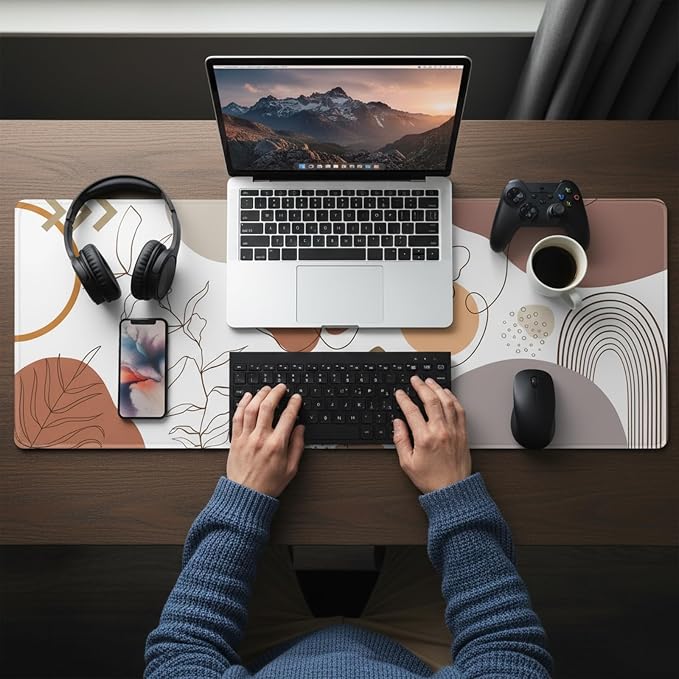 XL Boho Mouse Pad (35.4 x 15.7 Inch), Extra Large Abstract Desk Mat for Desktop, Mid-Century Modern Floral & Geometric Art, Non-Slip Waterproof Keyboard Mouse Mat, Aesthetic Desk Accessories