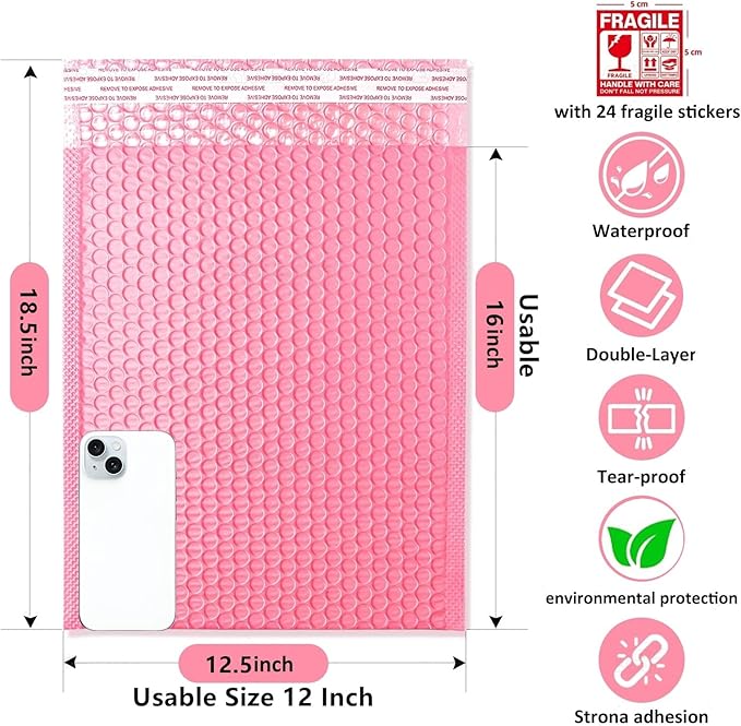 Large Bubble Mailers 12x18'' 30 Pack and 24PCS Fragile Stickers Pink Thick Waterproof Padded Poly Envelopes Bubble Wrap Mailers Self Seal Shipping Bag for Small Business Shipping Envelope Mailers #5