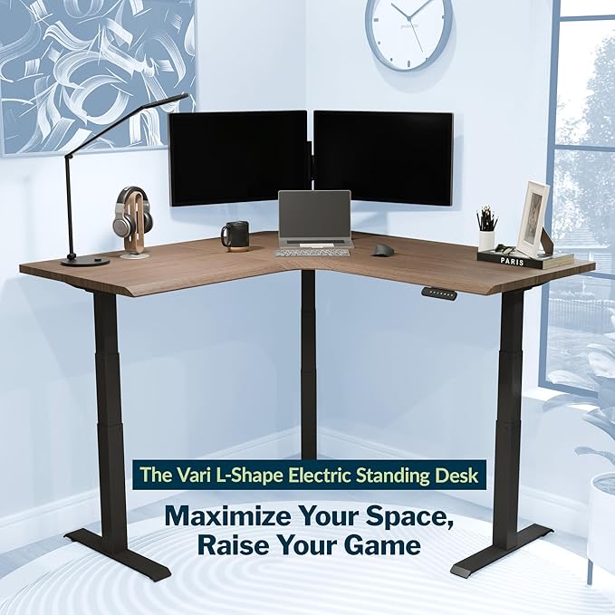 Vari ComfortEdge 60x60 L-Shape Electric Standing Desk – Height Adjustable Sit-Stand VariDesk for Corner Office with Reversible Left/Right Design - Walnut Top/Black Legs (Ships in 3 Boxes)