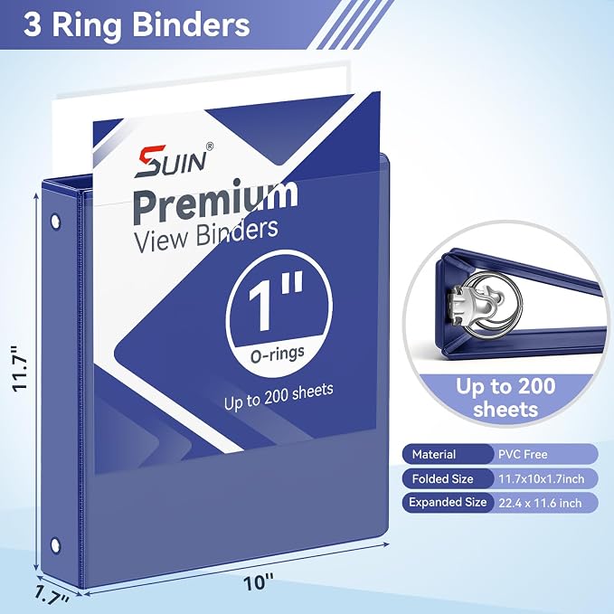 SUIN 1 Inch 3 Ring Binder, Clear 1'' View Presentation Binders with 2 Pockets, Fits 8.5 x 11 Letter Size, Durable Polypropylene, Non-Stick & PVC-Free for School, Office & Home (Navy Blue)