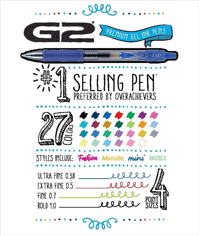 Pilot G2 Premium Refillable And Retractable Gel Ink Pens, Fine Point (0.7mm), 7 Colors, 8 Count (16603)