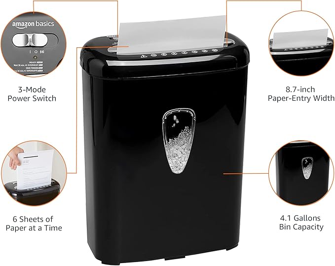 Amazon Basics 6 Sheet High Security Micro-Cut Paper and Credit Card Shredder, P-4 Security Level, Easy to Empty, Black