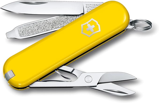 Victorinox Classic SD Swiss Army Knife, Compact, 7 Functions, Swiss Made Pocket Knife with Small Blade, Screwdriver and Key Ring - Sunny Side (Yellow)