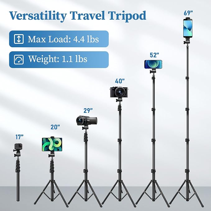 Phone Tripod Stand, 70" Selfie Stick Cell Phone Tripod with Remote | Phone Holder/Carry Bag, Aluminum Alloy Selfie Stick Tripods, Compatible with iPhone Samsung GoPro Smartphone