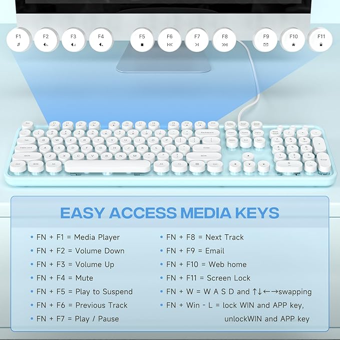 Computer Keyboard Wired, Plug and Play USB Retro Round Typewriter Keyboard, Full Size Wired Keyboard with Foldable Stands for Laptop and Office PC