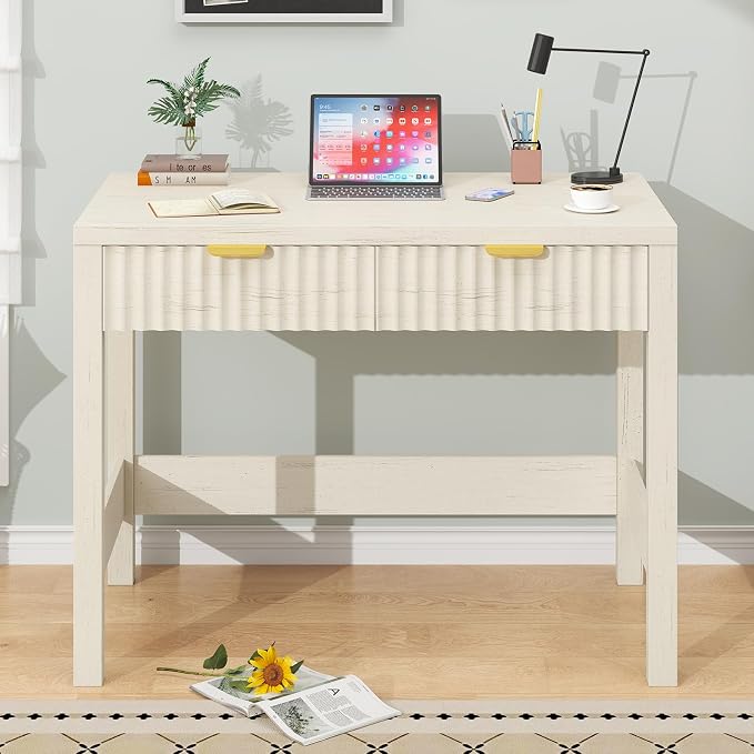32 Inch Small Fluted Computer Desk with 2 Drawers for Bedroom, Home Office | Small Computer Desk with Storage for Bedroom, Compact Writing Study Desk for Small Spaces, White