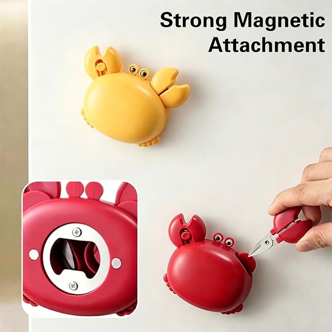 Crab Magnetic Box Cutter| 4-in-1 Retractable Utility Knife with Bottle Opener Mini Scissors Cute Fridge Magnet (Red)