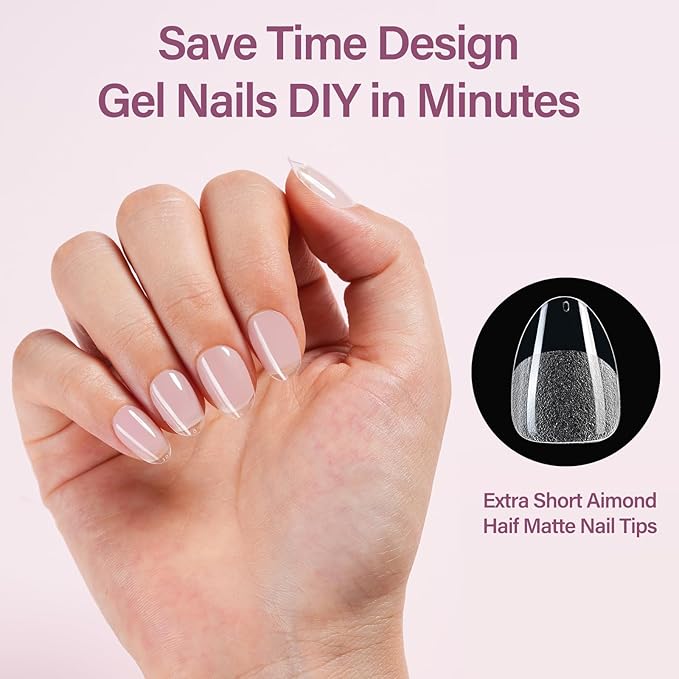 Misssix Extra Short Almond Gel Nail Tips Kit, 360Pcs Pre Etched Clear gel x Fake Nails, Full Cover False Nail 9-in-1 Gel Glue and Portable Mini U V Nail Lamp for Women 12 Sizes