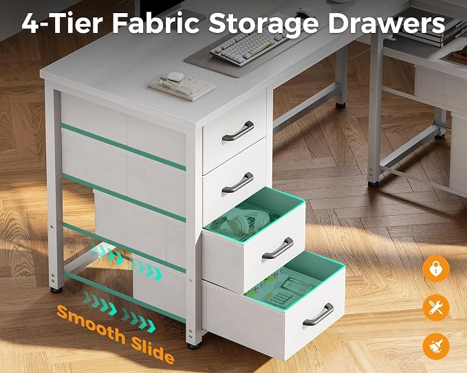 Coleshome 55 Inch L Shaped Office Desk with 6 Drawers, Power Outlet, White | 5 Fabric Drawers, File Drawer, USB and Type-C Ports, Open Storage Shelf, Reversible Layout for Home Office