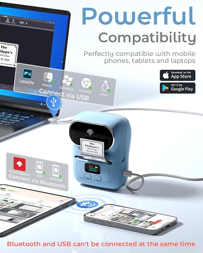 Phomemo M110 Label Maker with 3 Tapes, Bluetooth Thermal Printer, Blue | APP with 6000+ Templates, 2 Inch Portable Label Printer Easy to Use for Small Business, Home, School, Office, Organization
