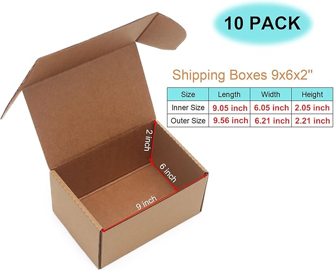 9x6x2'' Small Shipping Boxes for Packaging (inner size), YOUNGKEE 10 Pack Small Cardboard Boxes for Crafts, Recyclable Corrugated Boxes for online Business, Mailer, Gift Packing, Jewelry Box, Brown