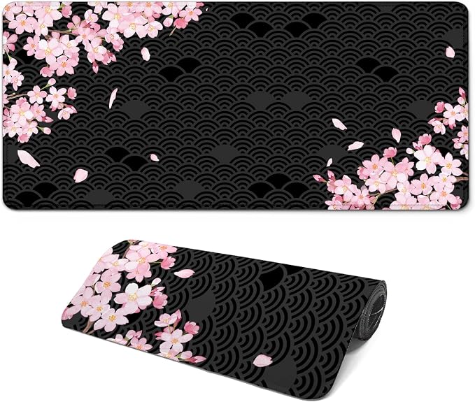 Gaming Mouse Pad with Anti-Slip Rubber Base, Extended Large Computer Mouse Mat with Stitched Edges, Long XL Anime Mousepad for Laptop and Keyboard, 31.5 x 11.8 inch (Black Cherry Blssom)