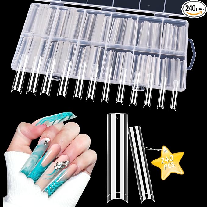 LIONVISON 3XL Square Nail Tips: 240PCS Clear NO C Curve Nail Tips | XXXL Extra Long Tapered Square Nails Tip - 12 Sizes Straight Press On Gel Tip for Nails Salons Home DIY Long-Lasting
