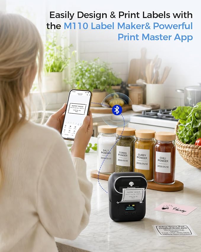 Phomemo M110 Label Makers, Portable Bluetooth Thermal Printer with Display | 2 Inch Barcode Sticker Printer Easy to Use for Small Business, Home, School, Office, APP with 6000+ Templates, Black