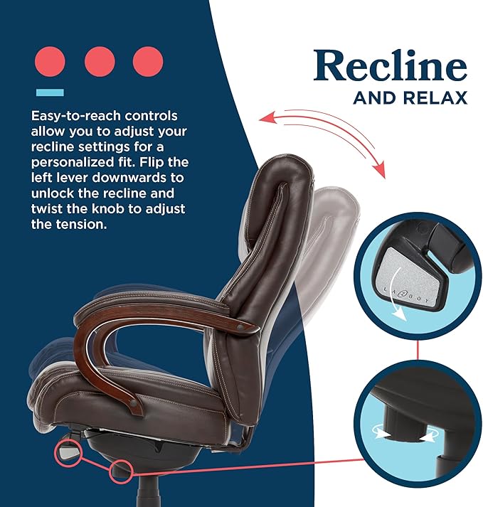 La-Z-Boy® Bellamy Executive Office Chair with Memory Foam Cushions, Real Wood Arms and Swivel Base, Waterfall Seat Edge, Faux Bonded Leather, Brown
