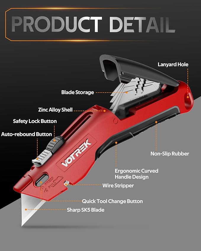 VOTREK® Box Cutter Utility Knife, [2-in-1] Retractable Box Cutter, Heavy Duty Safety Sharp Razor Knife for Home & Warehouse Cardboard, Carpet, [Blade Storage], with Extra Razor & Hook Blades (Red)