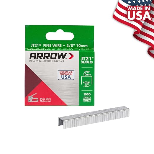 Arrow 276 JT21 Thin Wire Staples for Staple Guns and Staplers, 1000 Count | 3/8" Leg Length, 7/16" Crown Width, Heavy-Duty Galvanized Steel, Use for Upholstery, Crafts, General Repairs