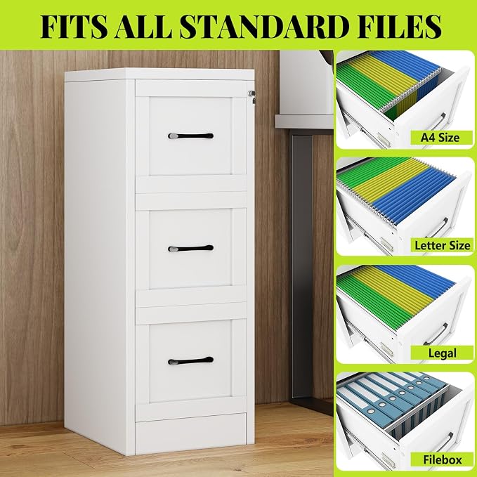 3-Drawer Metal File Cabinet with Lock, Tall Narrow Vertical, White | Tall metal filing cabinet with adjustable rails for Letter, Legal and A4 folders; one lock secures all three drawers