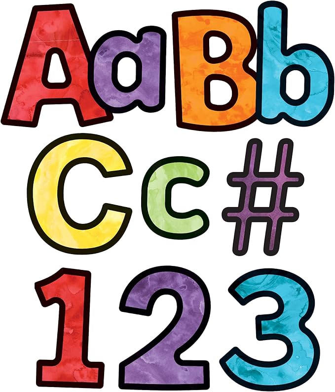 Carson Dellosa 219-Piece Watercolor Cutout Letters, 4" Colorful Upper and Lowercase Alphabet, Numbers, Punctuation, and Symbols for Bulletin Board, Posterboard, Party, and Classroom Decor