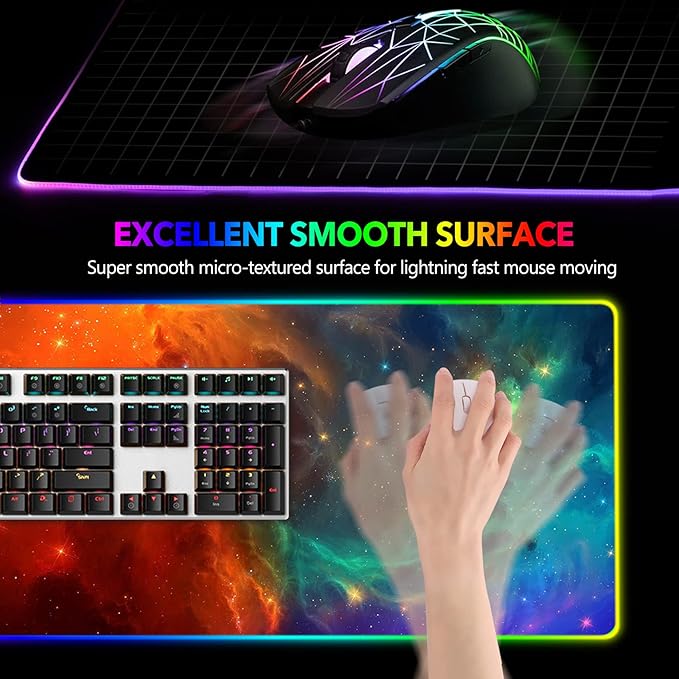 AIMSA Large RGB Gaming Mouse Pad, Keyboard Mousepad Led Extended 35.4 x 15.8 inch Non-Slip Rubber Base with 14 Lighting Modes, Big Desk Mat Waterproof, Galaxy Nebula
