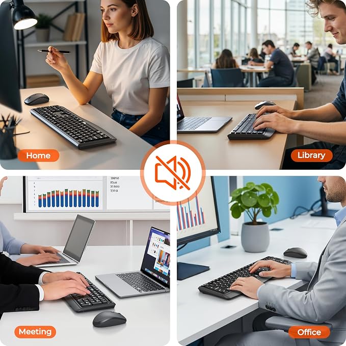 MEETION Wireless Keyboard Mouse Combo, Silent Full-Size Design, Black | Quiet keyboard with wireless optical mouse, adjustable DPI control, ideal for work, home use and multiple computer setups