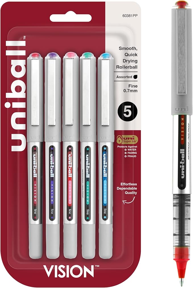 Uni-Ball 60381PP Vision Rollerball Pens, Fine Point (0.7mm), Fashion Colors, 5 Count