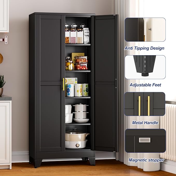 Metal Storage Cabinet with 2 Doors and 4 Adjustable Shelves - 71" Steel File Cabinet,Tool Cabinets for Office,Home,Garage,Gym,School (Black)