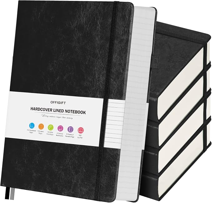 5 Pack College Ruled Notebook Bulk, A5, 312 Numbered Page Thick Journal Set | Cost-Effective 5 Pack 1600 Pages Total, 100gsm No Bleed Paper, Leather Hardcover, Lay-Flat, for Writing, Work, Employee Gifts