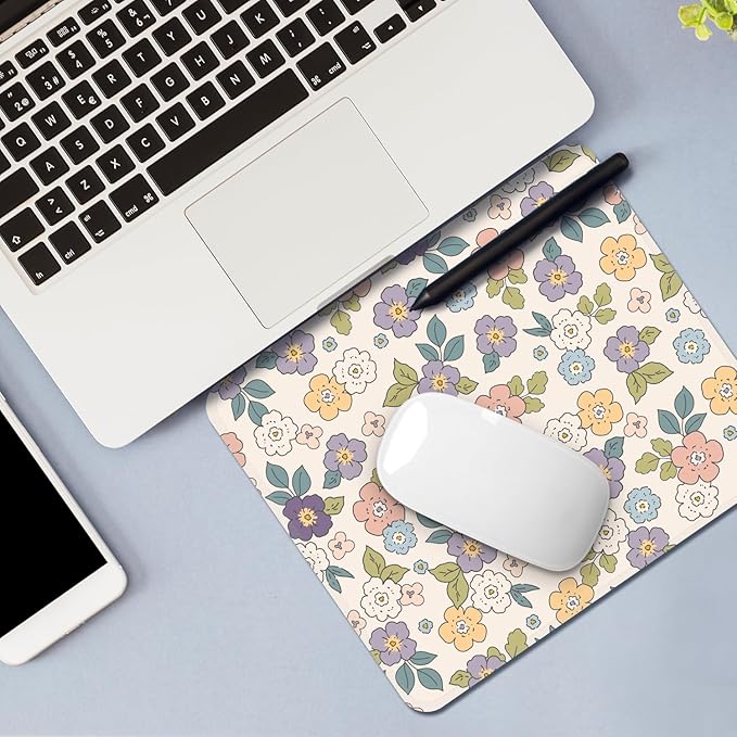 Mouse Pad with Stitched Edges - Cartoon Floral Mousepad for Women, 9.25 x 7.75 inch Washable Square Desk Pad, Non-Slip Rubber Base, Office Home Laptop Accessories - Cartoon Florals