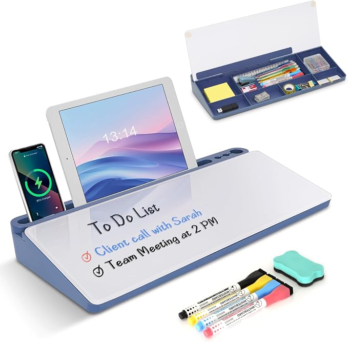 Desktop Glass Whiteboard with Storage, Desk Dry Erase White Board Blue | Computer Keyboard Stand, Office Desk Organizers and Accessories with Drawer, To Do Memo Notepad, Home School Supplies