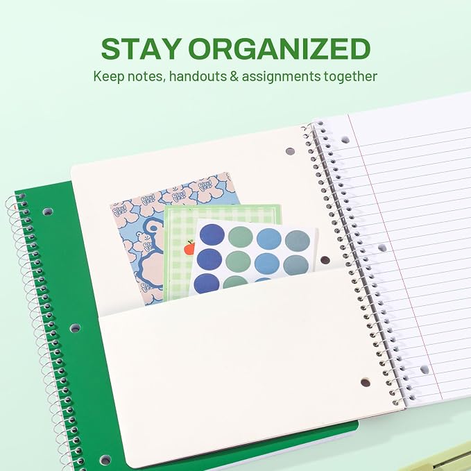 SUNEE Spiral Notebook, 1-Subject, Wide Ruled Paper, 8" x 10-1/2", 100 Sheets per Notebook, 3-Hole Punched Paper, Water Resistant Cover, Double-sided Pockets, Dark Green