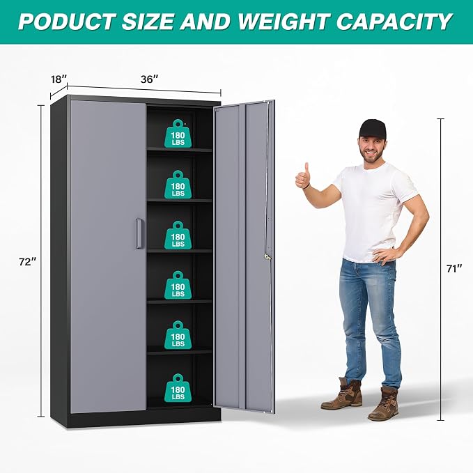 Wide & Deep Metal Storage Cabinet with 5 Adjustable Shelf,72" Tall Garage Storage Cabinet with Lock,Metal Cabinets with Locking Doors,Lockable Steel Cabinets for Home,Office,Garage Locker
