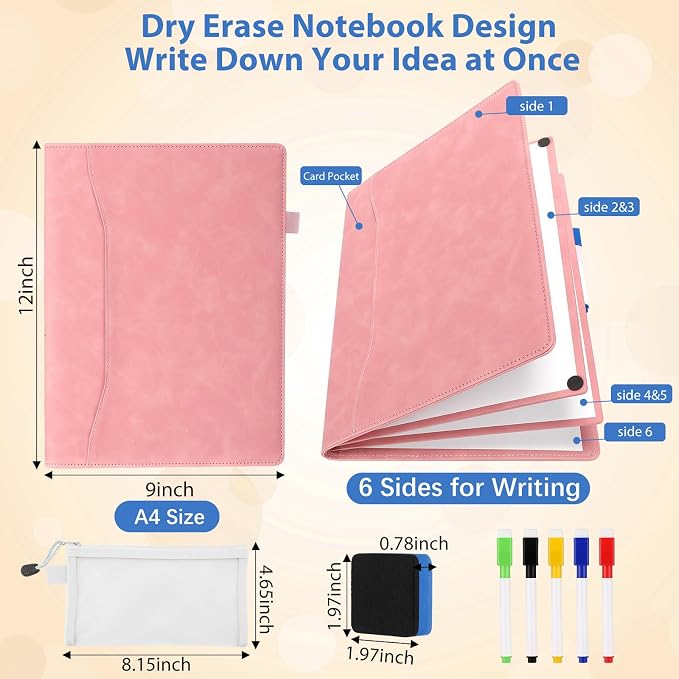 Feifeiya 6 Sides Dry Erase Notebook, Pink, A4 9" X 12" | Portable Reusable Whiteboard Notepad 6 Side Foldable Dry Erase White Board for Planner Office Study Business Meeting Supplies