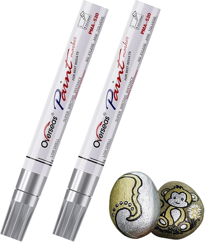Overseas Silver Paint Pens Permanent Markers, 2 Oil Based Paint Makrers | Medium Tip, Waterproof, Quick Dry, Fade Resistant, Bright Colors Marker Pen for Metal, Wood, Plastic, Rock, Rubber, Canvas