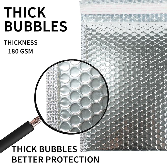 50 Pack 11x14 Inch Insulated Bubble Mailers for Cold Shipping, Silver Foil | Metallic Thermal Padded Shipping Bags with Self-seal Closure, Water-resistant and Protective Bubble Cushioning Envelopes