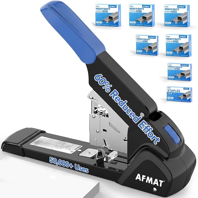 AFMAT Heavy Duty Stapler, 220 Sheets Capacity Stapler for Classroom, 60% Reduced Effort, Jam Free, Adjustable Paper Depth, Metal Desk Office Staplers w/ 50,000+ Uses, Includes 7000Pcs Staples, ES15